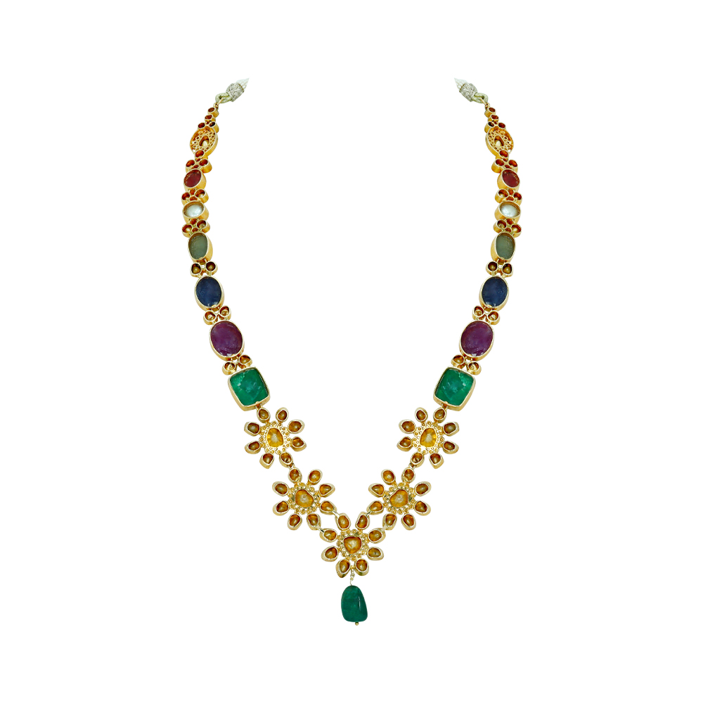 Navaratan Floral Necklace with Polkis, Emeralds, Rubies, and Pearls